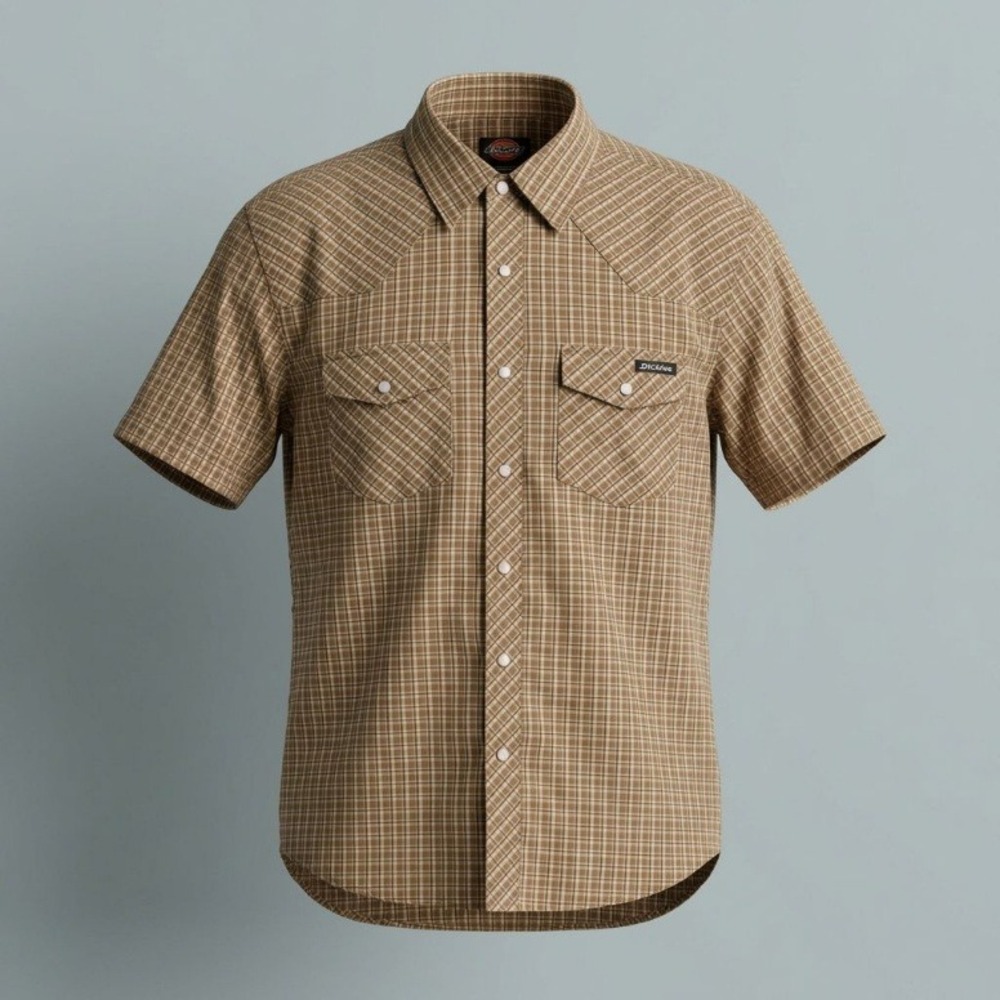 Dickies Mens Large Tan Plaid Short Sleeve Western Pearl Snap Work Shirt L